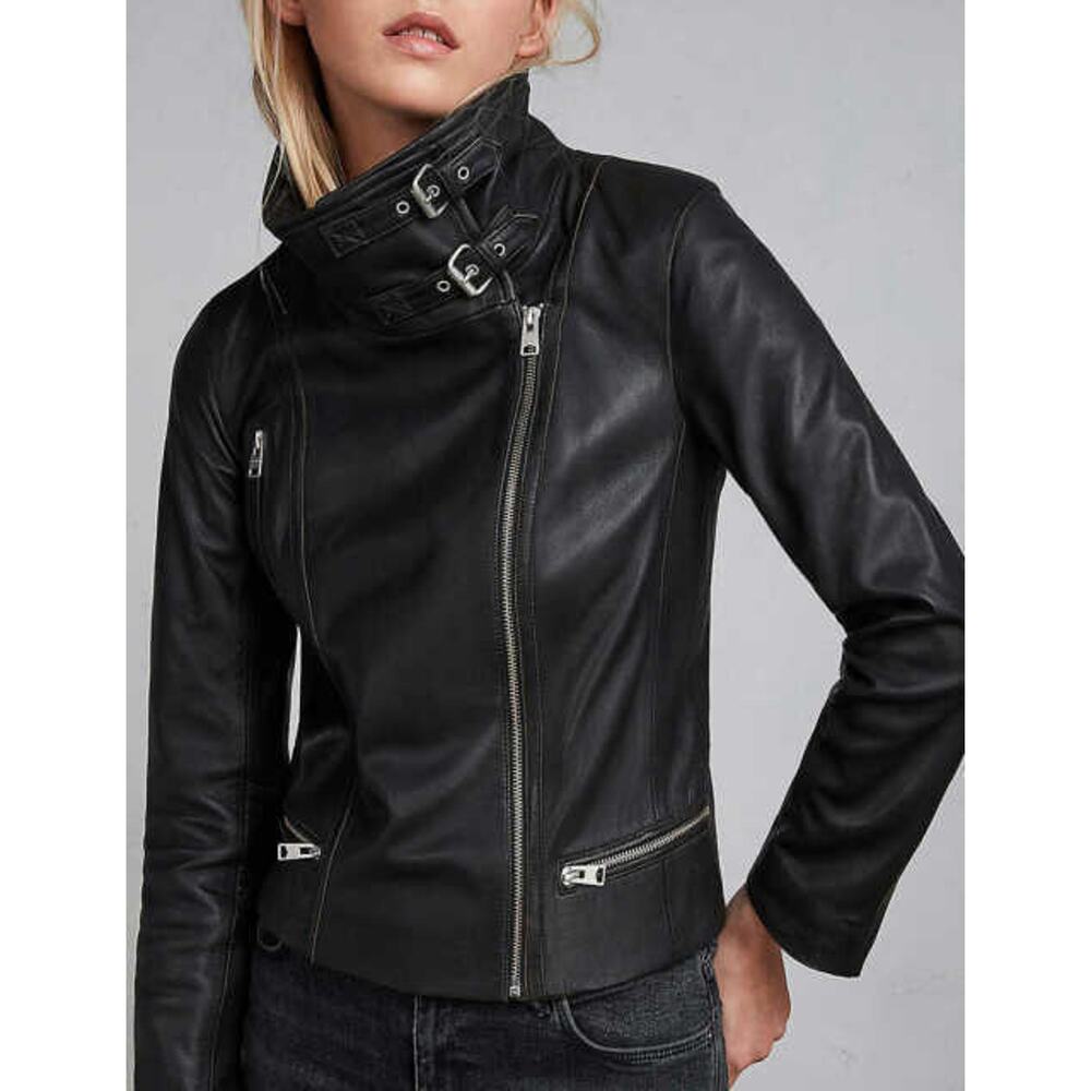 AllSaints Bales Biker Jacket Black Leather Full Zip Moto Double Buckle Sz 0